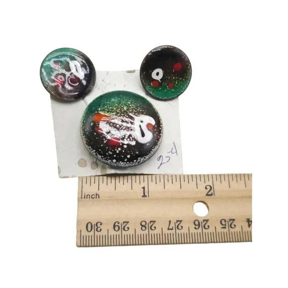 Mid Century Modern Green Enameled Earrings Brooch Pin Set Multicolor Vintage - Picture 6 of 7